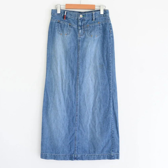 Vintage  Tommy Hilfiger Tommy Jeans Mid Wash Back Slit Blue Denim Skirt 3 - Picture 1 of 13